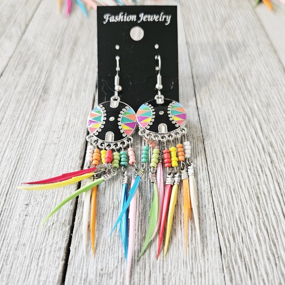 8 Pairs of Bohemian Style Colorful Feather Fashion Jewelry Earrings Lot Costume - Picture 6 of 16